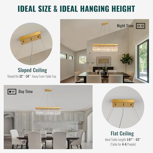 6 Light Modern Crystal Chandelier Rectangular Gold K9 Crystal Raindrop Chandelier for Dining Room