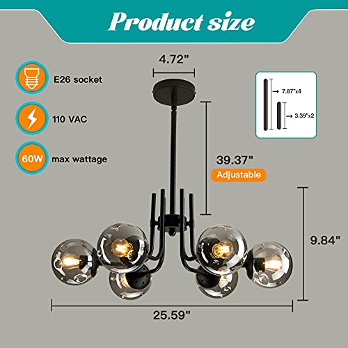 6 Lights Glass Globe Sputnik Chandeliers Modern Metal Ceiling Light Fixture Black Semi Flush Mount Chandelier for Living Room Dining Room Bedroom Farmhouse Kitchen