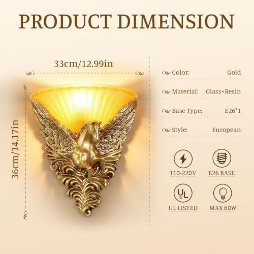 Unique Wall Lamp Living Room Light Fixture Gold Pegasus Design 2Pack