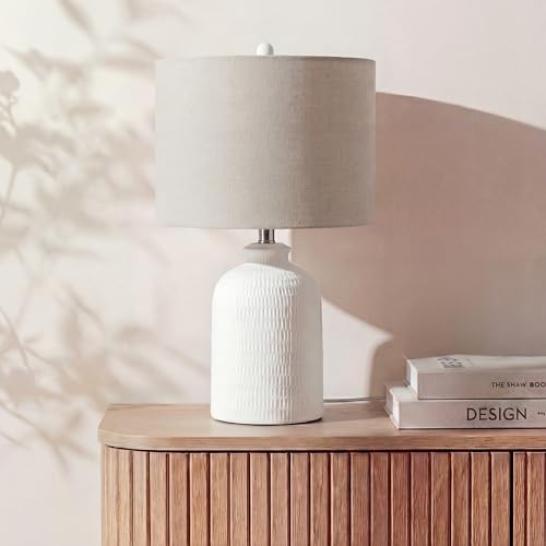 Home 24" White Textured Ceramic Table Lamp with Tan Linen Shade
