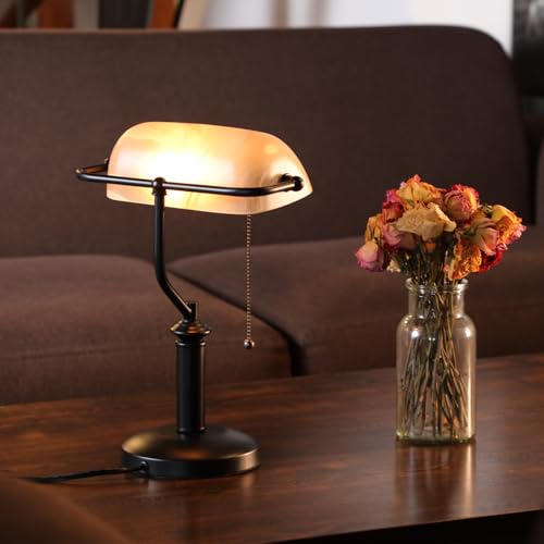 Pale Yellow Glass Bankers Desk Lamp with Pull Chain