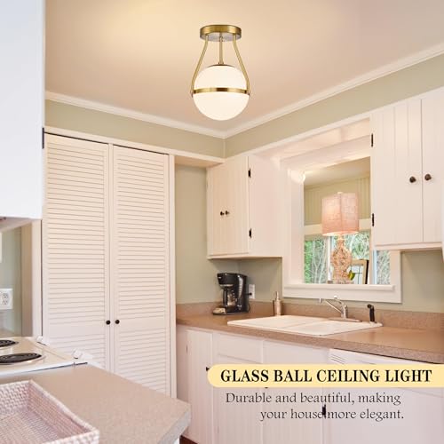 8 Inch Mid Century Ceiling Light Modern Semi Flush Mount Ceiling Light Fixture Globe Ceiling Light Fixture with Milk Glass Shade Brass Finish for Kitchen Island Hallway Living Room