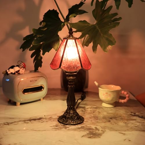 Small Tiffany Table Lamp Pink Bark Pattern Style Stained Glass Desk Lamps 6X6X14 Inch Bronze Resin Base Antique Mini Accent Light