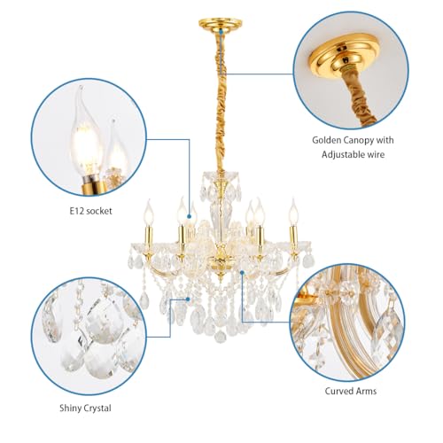 6 Light Crystal Gold Chandelier Light Fixture for Bedroom