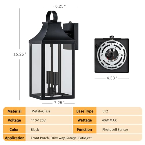 15" Dusk to Dawn Black Outdoor Wall Lantern with E12 Socket