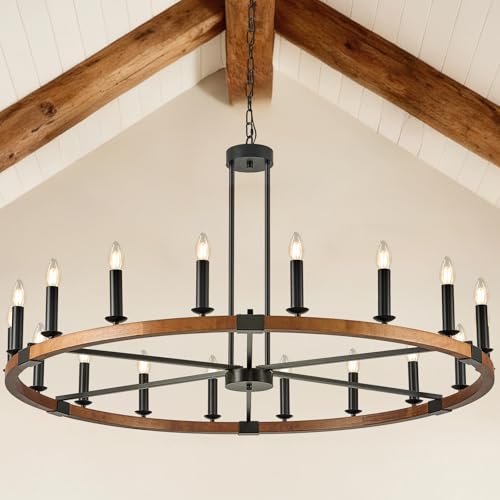 Farmhouse Walnut Wood Wagon Wheel Chandelier 47" 18 Light Round Chandeliers