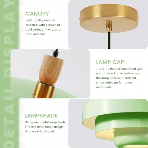 Mint Green Pendant Light with Solid Wood Adjustable Hanging Light
