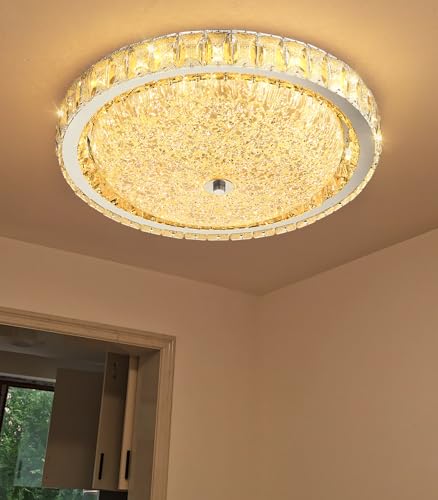 15.7" Modern Crystal Chandelier Dimmable LED Flush Mount Ceiling Light with Remote Control for Living Room Dining Room Bedroom Hallway Foyer Silver