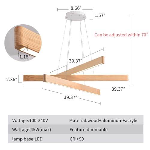 3 Light Solid Wood Natural Linear Pendant Light Modern LED Pendant Light Dimmable Chandelier for Dining Room Table Kitchen Island Living Room Ceiling (3 Count)