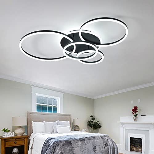 Modern LED Ceiling Light 90W Dimmable Ceiling Light Fixture with Remote Control 5 Rings Flush Mount Ceiling Light Black Acrylic Chandelier LED for Living Room Bedroom Kitchen Light fixtures