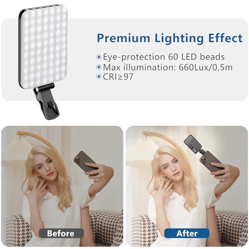 60 LED Portable Selfie Light Video Conference Lighting with Clip & Camera Tripod Adapter Rechargeable 2200mAh CRI 97+