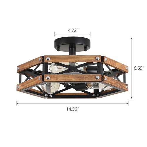 2 Pack 3 Light Rustic Farmhouse Wood Flush Mount Ceiling Light Fixture Oak Wood and Metal Cage Semi Flush Mount Ceiling Light for Hallway Hall Entry Bedroom Kitchen Farmhouse (2 Count)