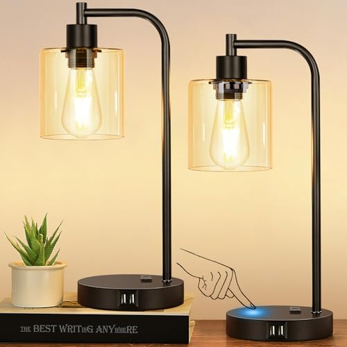Set of 2 Industrial Touch Control Table Lamps with 2 USB Ports and AC Outlet