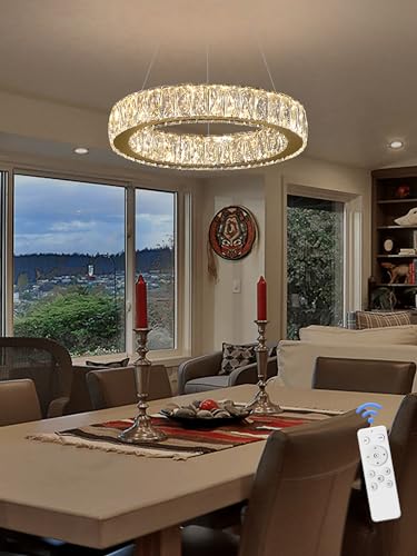 Modern LED Dimmable Crystal Chandelier 23.6" Ring Pendant Light Adjustable Gold Round Crystal Chandelier for Dining Room Living Room