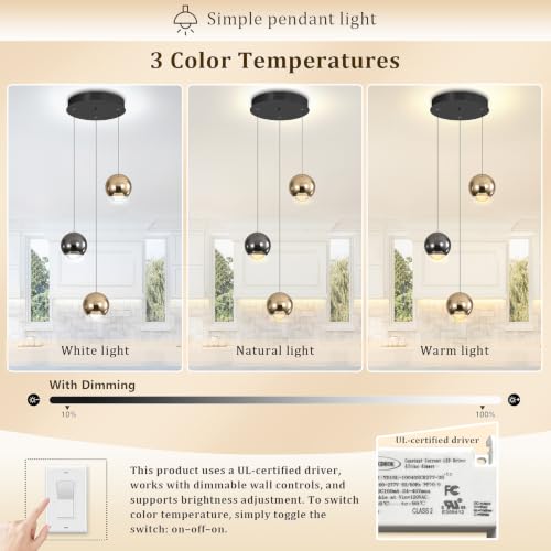 3 Light Modern Black Gold Pendant Light Chandelier for Dining Room