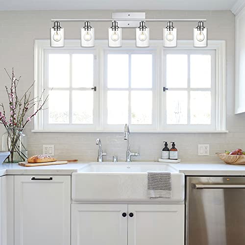 6 Lights Bathroom Vanity Light in Chrome Finish with Clear Cylinder Glass Shade Industrial Wall Light Fixtures Over Mirror for Dressing Table Bedroom