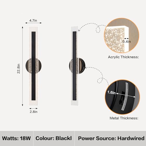 Modern Black Wall Scones Hardwired Wall Lamps LED Dimmable Wall Lighting for Living Room Bedroom Bathroom Stairs Hallway 22.8In