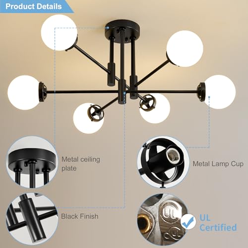 Black Sputnik Ceiling Light Fixture 6 Light with Milk White Glass Shade