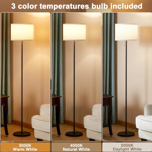 Modern Standing Floor Lamp for Living Room & Bedroom with 3 Color Temperatures Bulb & Pull Chain Switch