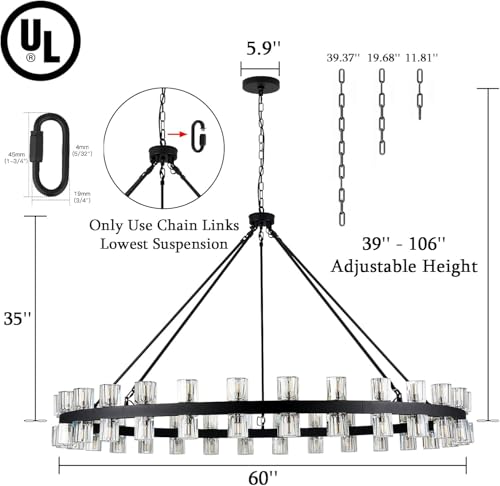 60 Inch Black Wagon Wheel Chandelier with Crystal Shade