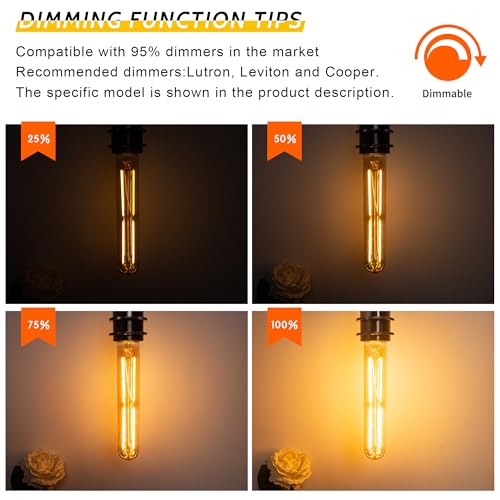 Tubular Light Bulb 7.3IN Dimmable T10 LED E26 6W 60 Watts Edison Bulb Amber (4 Count)
