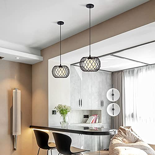 Black Metal Cage Rattan Pendant Light