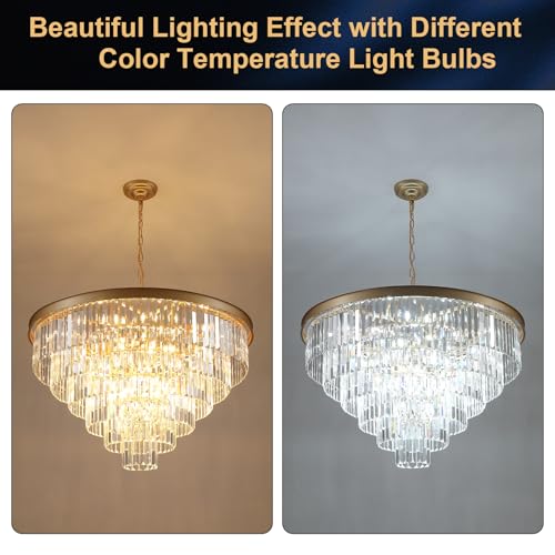 Modern Gold Crystal Chandelier 35”Large Chandeliers for High Ceiling Foyer