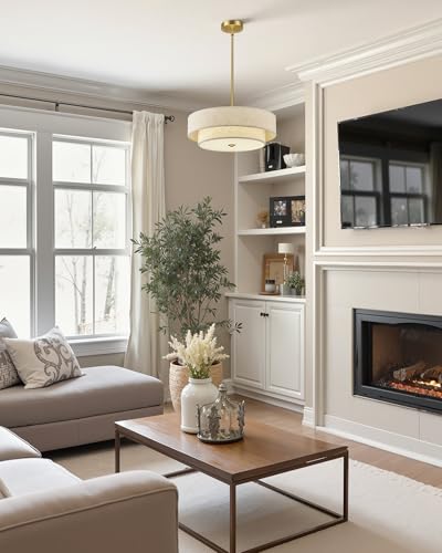 VONLUCE 18" Modern Drum Chandelier, 4-Light 2-Tier Linen Pendant Light | Brushed Gold Finish with Adjustable Height Hanging Light Fixture for Dining Room Bedroom Living Room