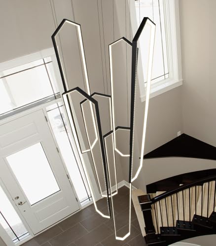 6 Rings Large Chandelier for Staircase Modern High Ceiling Chandelier LED Dimmable Chandeliers for Foyer Staircase Enterway Living Room Villa Black (6 Count)