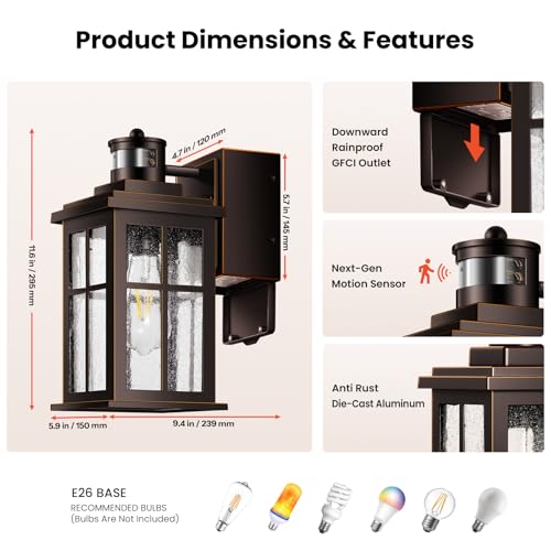 Motion Sensor Outdoor Sconce Lights with GFCI Outlet