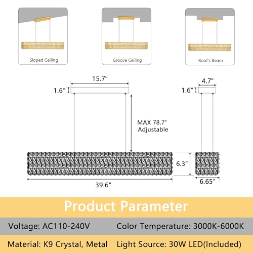 40 Inch Glam Crystal Chandelier Modern Dimmable Crystal Chandeliers LED Rectangular Ceiling Light Fixtures for Dining Room Living Room Glod