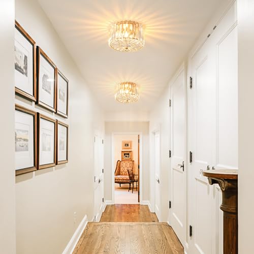 8.89-Inch 2-Light Gold Crystal Flush Mount Ceiling Light Fixture