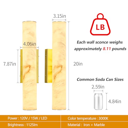 Natural Alabaster Wall Sconces Set of Two Spanish Marble Wall Light Cylinder Modern Gold LED Sconce for Bedroom Bathroo Stairs Living Room（S