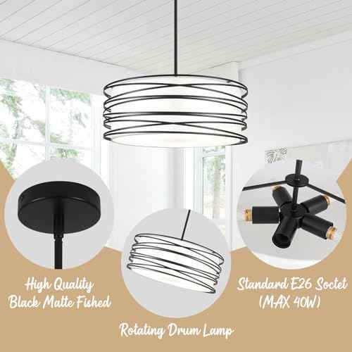 19.7'' 5-Light Black Drum Chandelier - Black and White Industrial Light Fixtures Modern Farmhouse Pendant Light for Kitchen Island Dining Room Hallway Kitchen Island Bedroom
