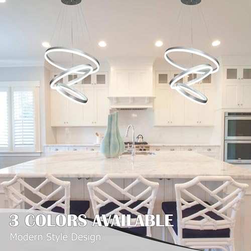 Modern Sliver Led Chandelier 3 Rings Pendant Lights Dimmable Chandeliers Color Temperature Height Adjustable Sliver Chandelier Led Pendant Light for Dining Room Bedroom Entryway Living Room