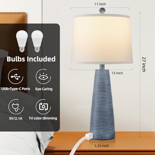 Nightstand Lamp Bedside Lamps Set of 2 Vintage Rustic Farmhouse Table Lamp 3 Way Dimmable Horizontal Stripe Light (2 Count)