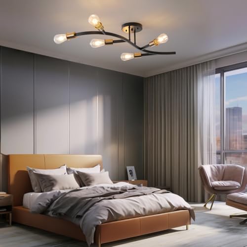 Modern Sputnik Semi Flush Mount Ceiling Light Fixture Black and Gold