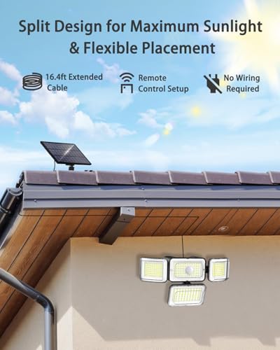 Solar Outdoor Lights Motion Sensor 3500LM 288 LED Security Light with Remote Control IP67 Waterproof 4 Heads Flood Lights with 16.4ft Cable 4 Modes