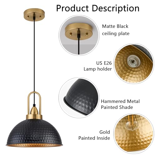 Black Pendant Lights Kitchen Island Industrial Adjustable Height Vintage Farmhouse Dome Hanging Light Fixtures for Barn (3 Count)