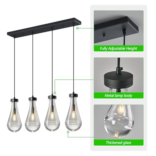 Raindrop Pendant Lights Kitchen Island Teardrop Black Hanging Light Fixtures Clear Solid Glass Pendant Light Modern Chandeliers for Dining Room Porch Corridor Living Room