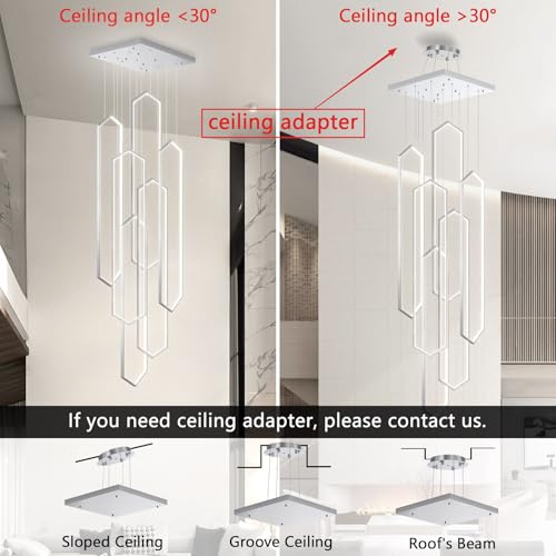 6 Rings Modern Chandelier LED Dimmable Long Large High Ceiling Chandelier Adjust Flush Mount Ceiling Light for Entrance Foyer Lobby Staircaes (6 Count)