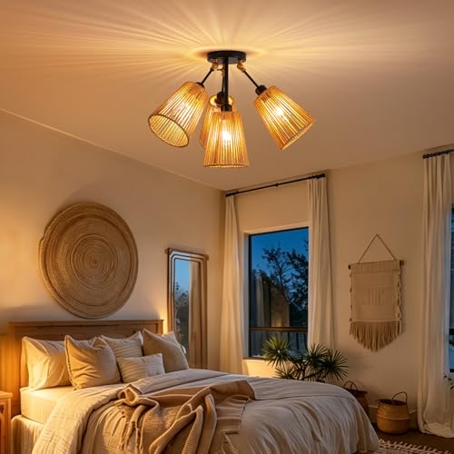 4 Light Rattan Boho Ceiling Light Adjustable Arms Farmhouse Fixture (1 Pack 4-Light)