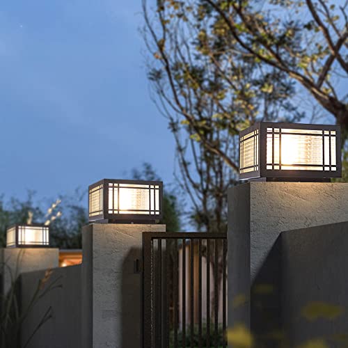 Outdoor Post Caps Lights Modern Square Fence Pillar Lamps Waterproof Lawn Column Cap Lamp Courtyard Stainless Steel Housing Light Deck Post Light Fixture with Pier Mount Yard Pedestal Light