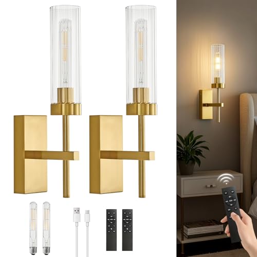 Gold Battery Operated Wall Sconce Set of 2 with Remote