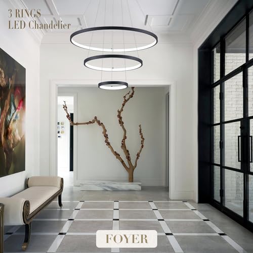 Modern LED Chandeliers 3 Rings Black Chandelier Dimmable LED Pendant Light Fixture Remote Control Contemporary Flush Mount Chandelier for Dining Room Bedroom Foyer