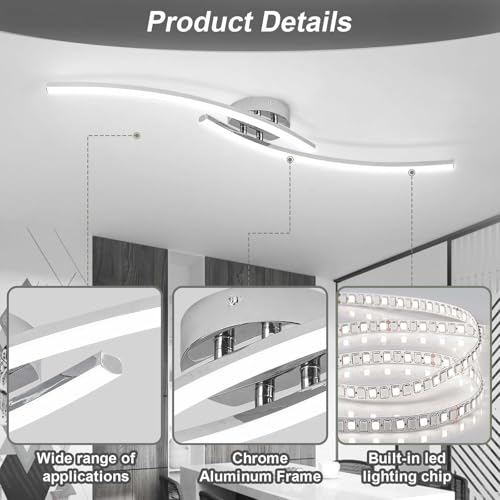 31.4Inch Modern LED Ceiling Light 22W Chrome Linear Ceiling Light Fixture 6000K Aluminum Long Flush Mount Ceiling Lights Fixture Lamp for Bedroom Hallway Kitchen Bathroom