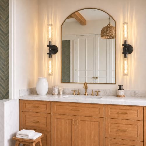 Bathroom Sconce 24in Black Sconce with Water Ripple Glass
