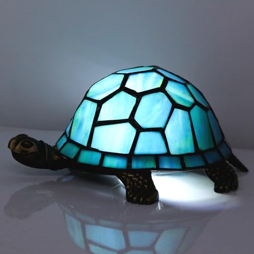 Tiffany Tortoise Lamp Small Stained Glass 8X5X4 Inch Blue Green