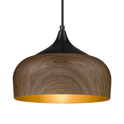 Modern Bauhaus Pendant Light Walnut Wooden Pattern Dome Pendant Light Fixture Matte Black Metal Gold Inner Adjustable Hanging Lighting for Kitchen Island Dining Room Office Hallway Bedroom