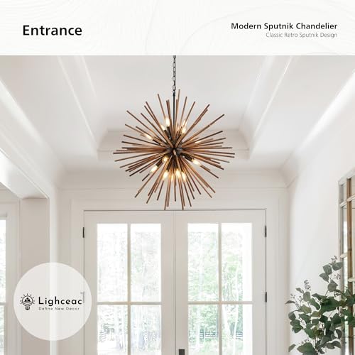 31.3" Farmhouse Sputnik Chandelier for Dining Room Rustic Handmade Natural Wood 16